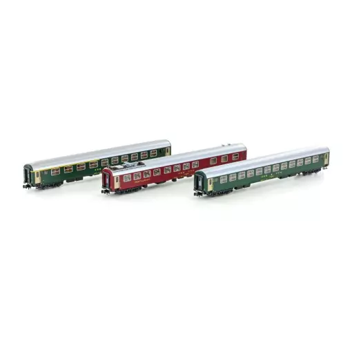 Set van 3 groene en rode Abm/Bm/Wrtm wagens KATO K23013 - CFF - N 1/160 - EP IV V