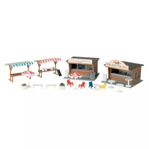 2 stands de snack avec bancs, tables et chaises