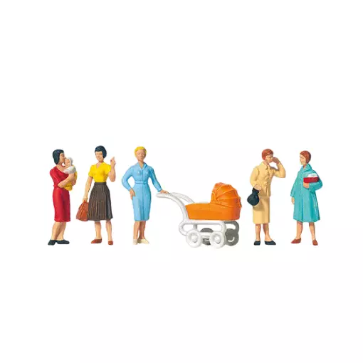 Pack de 5 Femmes et un bébé avec une poussette - Figurine - PREISER 10024 - Échelle HO : 1/87ème