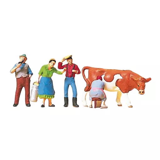 Pack de 4 Fermiers et 1 vache - Figurine - PREISER 10044 - Échelle HO : 1/87ème