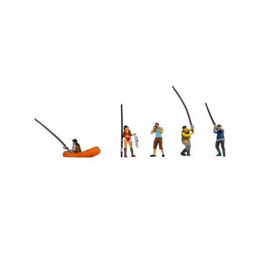 Set of 5 fishing figures and a boat - Noch 15891 - HO 1/87