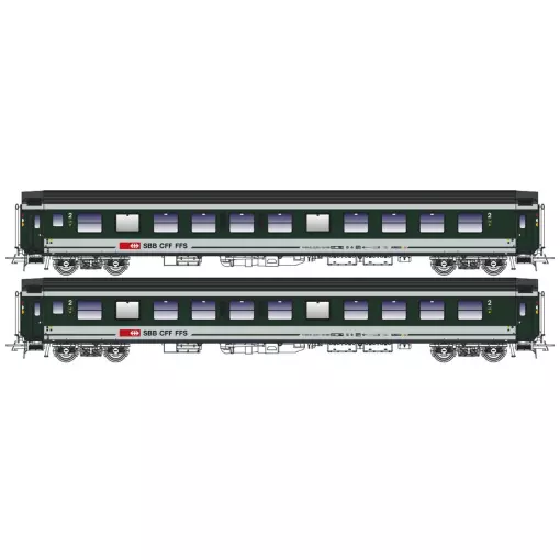 Conjunto de 2 vagones de pasajeros UIC-X Bpm RIC con ventana de salida de emergencia, puertas modernizadas y nuevo logotipo de librea verde