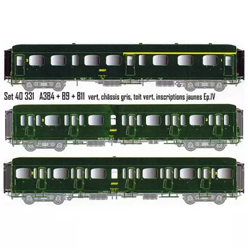 Coffret de 3 voitures Express Nord A384 + B9 + B11 livrées vertes, châssis gris, toit vert, inscriptions jaunes