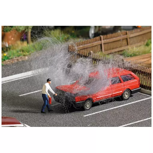 VW Passat on fire with character and fire extinguisher