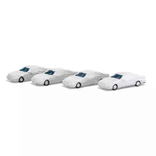 Set van 4 topklasse auto's onder wit dekzeil HEIKO Modell HC2100 - HO 1/87
