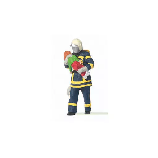 Blauwe brandweerman in uniform redt een kind PREISER 28251 - HO 1/87