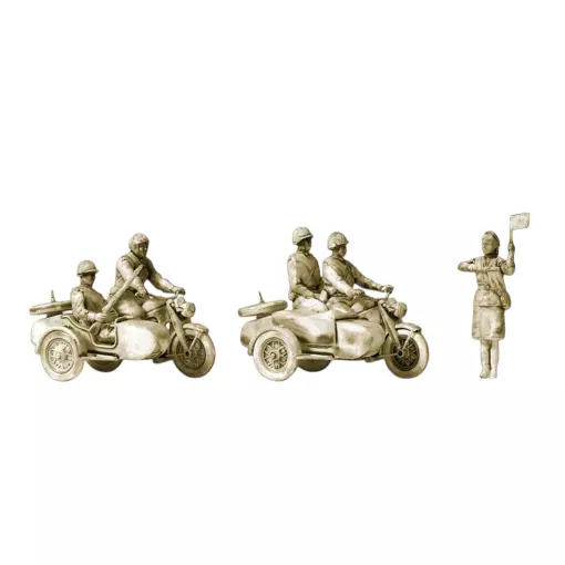 4 soldat sur motos et 1 debout - Preiser 16614 - HO 1/87