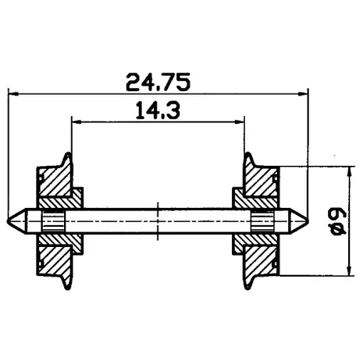 Pair of 9mm diameter axles insulated on both sides