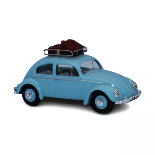 VW Coccinelle bleu ciel avec galerie de toit et valises - SAI 1781 - HO 1/87