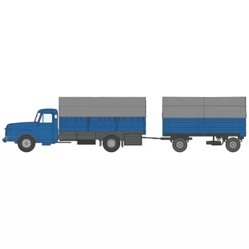 Blue Willeme truck with grey tarpaulin and trailer