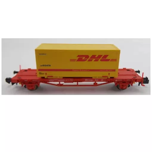 Wagon porte-conteneurs avec inscription "DHL Express & Logistics" livrée jaune et rouge