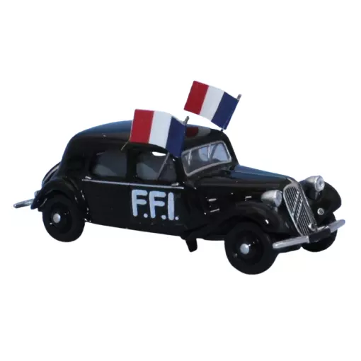 Citroën Traction 11A 1935, noire, FFI, avec deux drapeaux français - Sai 6191 - HO 1/87