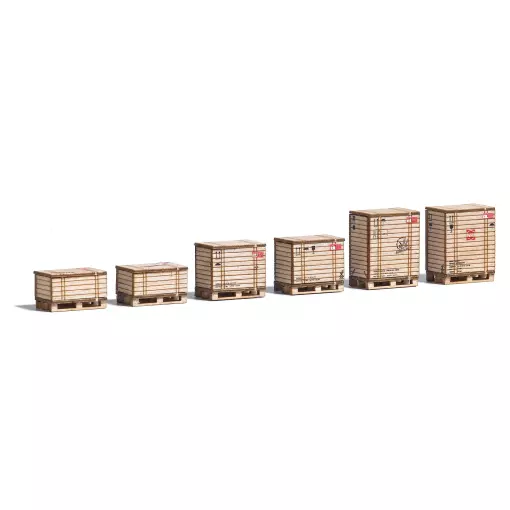 set van 6 BUSCH 1811 pallets met houten kist - HO 1/87