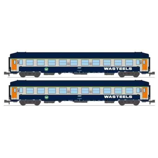 Coffret de 2 voitures couchettes UIC B9c9x, toit haut, livrée Wasteels avec cartouche corail, bogies Y 16 - Ree Modèles NW348 - N 1/160 - SNCF - Ep IV-V - 2R