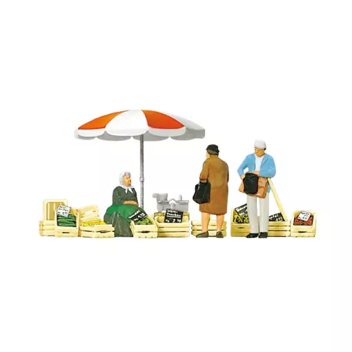 Donna seduta al mercato, clienti, accessori