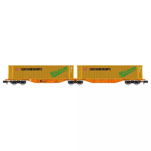 Wagon Sggmrss 90 WASCOSA + 2 Conteneurs 45’ "CONTAINERSHIPS MAGNUM" - REE MODÈLES NW-233 - N 1/160 - SNCF - VI