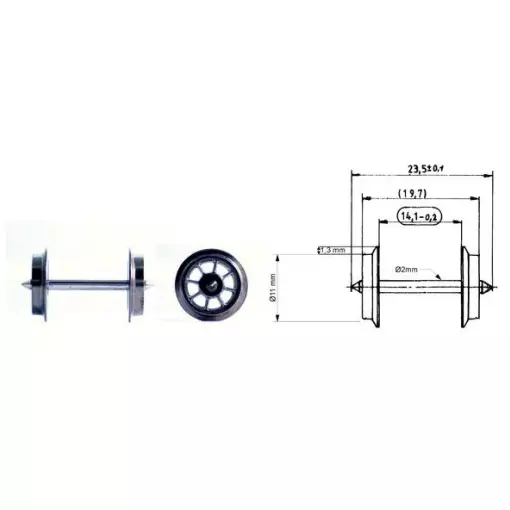 Non-insulated spare axle (AC) for spoked wheels, axle length 23.5 mm