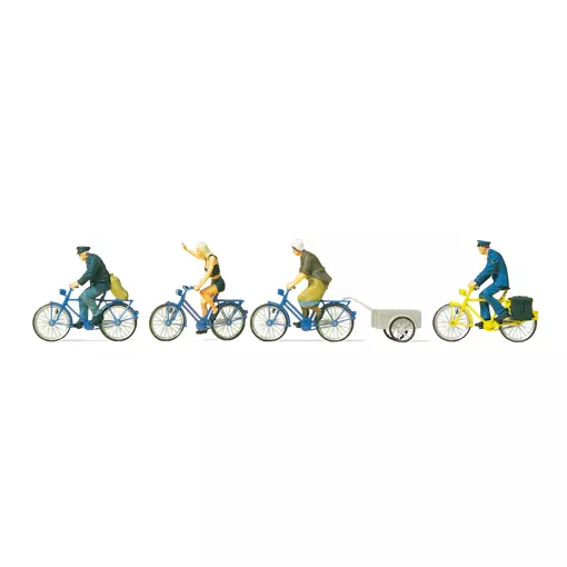 Confezione di 4 ciclisti e rimorchio per bici Preiser 10507 - HO 1:87