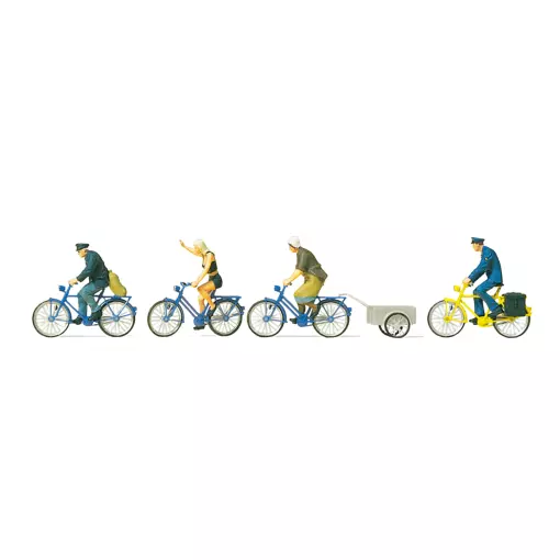 Pack of 4 cyclists and bike trailer Preiser 10507 - HO 1:87