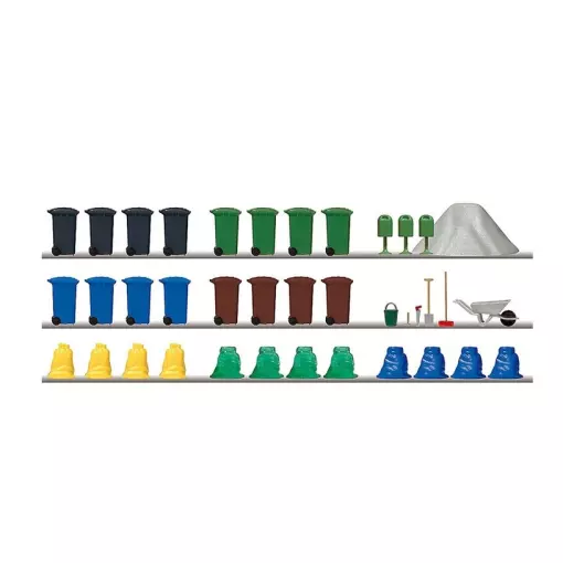 Lot de 16 poubelles et 12 sacs - Busch 1136 - HO 1/87