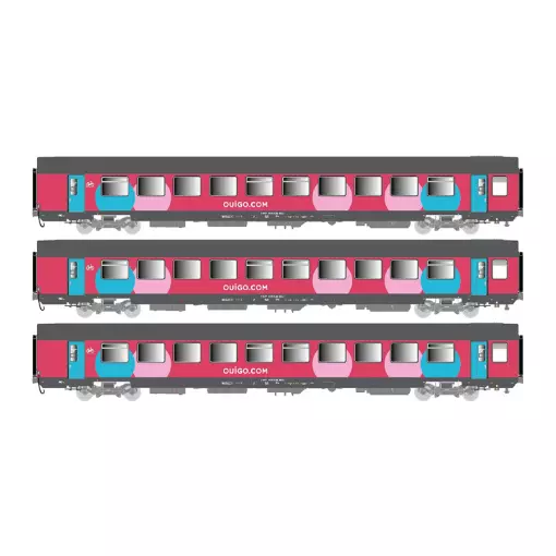 Set de 3 voitures voyageurs éclairées Corail VTU livrée « Ouigo », toiture gris foncé - LS Models 40993 - HO 1/87 - SNCF - Ep VI - 2R