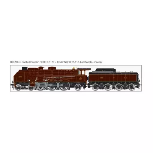 Locomotive à Vapeur - Pacific Chapelon Nord 3.1173 + tender Nord 35.118 - Chocolat - Dépôt de La Chapelle - HO 1/87
