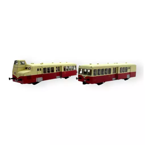 Coffret FNC autorail XBD-5660 avec sa remorque XRBD-9210 livrée rouge/crème toit crème à faces latérales ondulées du dépôt de Toulouse