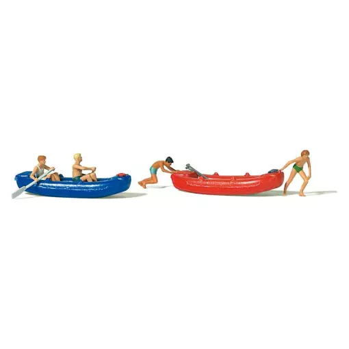 Set of 4 teenage figures in boats Preiser 10705 - HO : 1/87