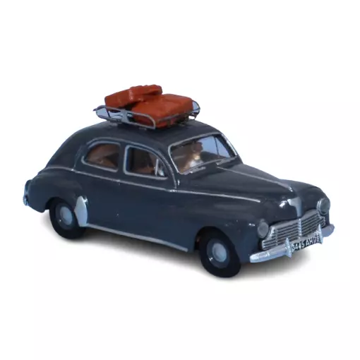 Peugeot 203 gris anthracite, galerie de toit, 2 valises, un conducteur et un passager - Sai 1721 - HO 1/87