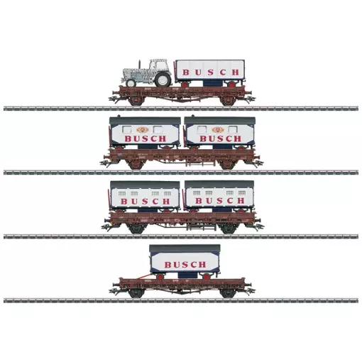 Conjunto de 4 vagones de plataforma con vehículo de circo "BUSCH" MARKLIN 45040 DB - HO 1/87