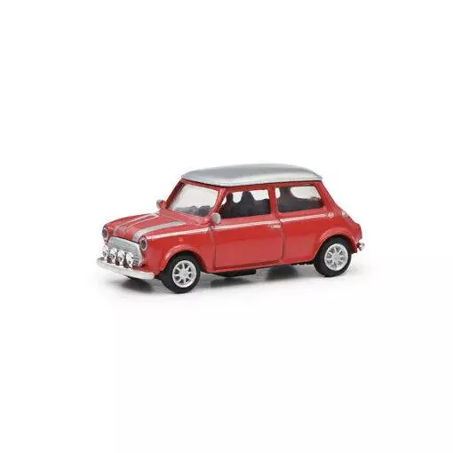 Rode Mini Cooper, grijs dak, grijze strepen SCHUCO 452665904 - HO 1/87