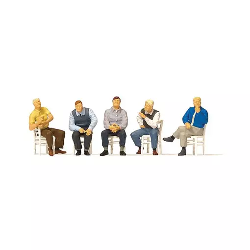 Set of 5 figures sitting on wooden chairs
