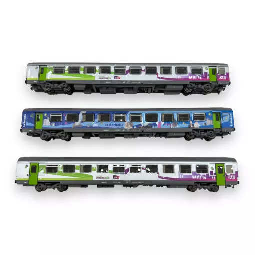 Coffret de 3 voitures Vtu dont 1 livrée Destination La Rochelle et 2 Intercités logo carmillon