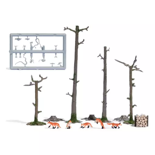 5 zorros en el bosque, con troncos y raíces BUSCH 7988 HO 1/87