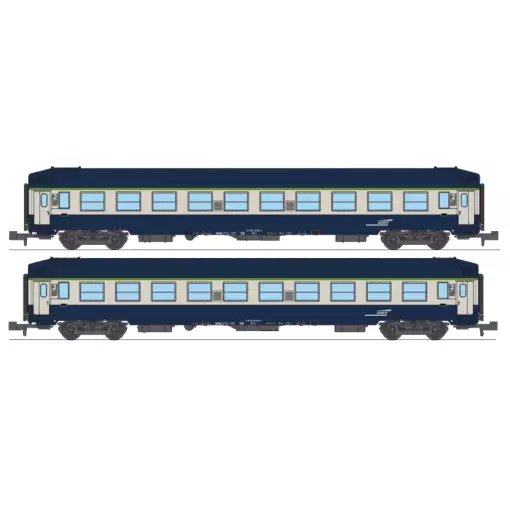 Coffret de 2 voitures couchettes UIC B9c9x, toit haut, livrée TEN, logo "casquette" - Ree Modèles NW354 - N 1/160 - SNCF - Ep V-VI - 2R