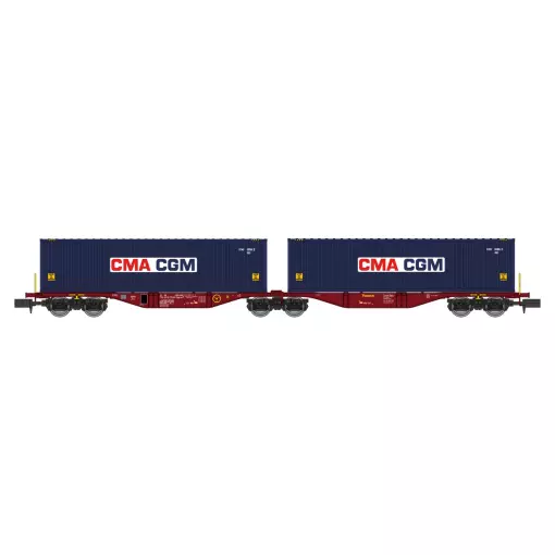 Wagon porte conteneurs Sggmrss 80 TOUAX, 2 conteneurs CGA-CGM - Ree Modèles NW289 - N 1/160 - SNCF - Ep VI
