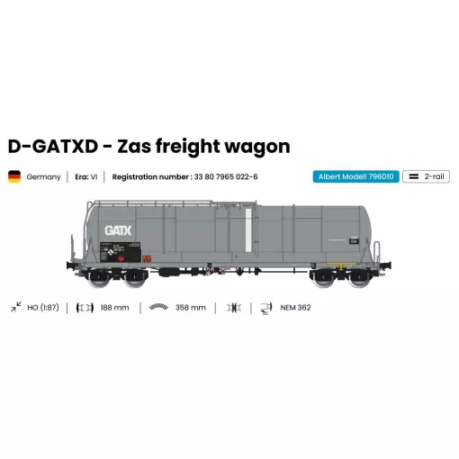 Wagon citerne grande capacité 85m3 Zas gris GATX Ep VI - ALBERT MODELL 796010 - EP VI - HO 1/87