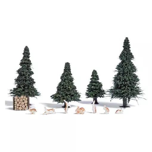 Scenette | 7 Hares in the forest, with fir trees & roots BUSCH 7986 HO 1/87