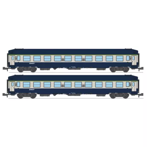 Coffret de 2 voitures couchettes UIC B9c9x, toit haut, livrée TEN, logo "nouille" - Ree Modèles NW352 - N 1/160 - SNCF - Ep IV-V - 2R