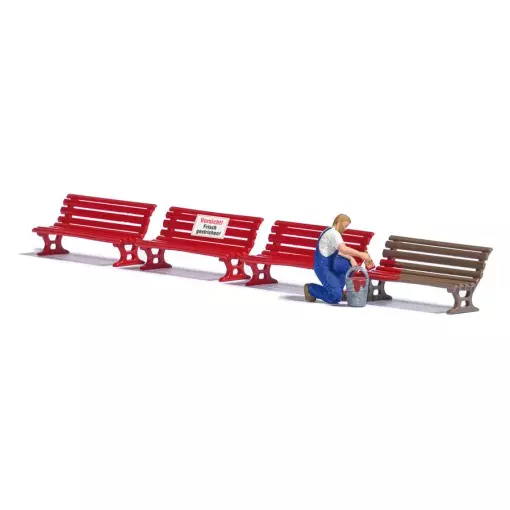 Painter who paints a bench, 4 benches & various accessories BUSCH 7978 HO 1/87