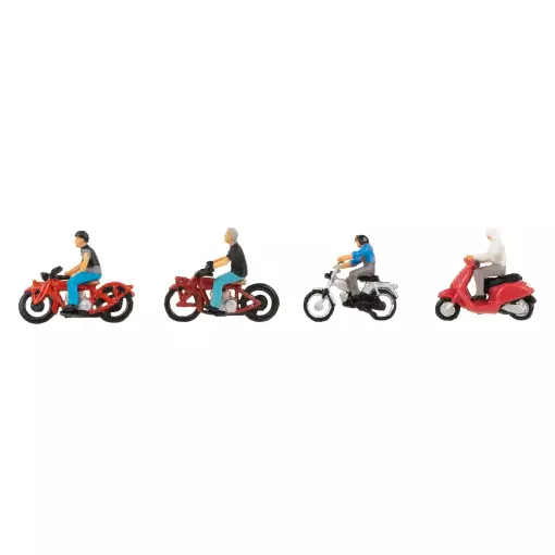 Set van 4 motorrijders/personages, motorfietsen en scooters FALLER 151669 - HO 1/87 -