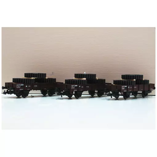 Coffret de 3 wagons plats 2 éssieux chargés avec roues dentées