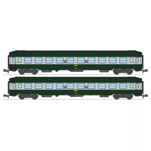 Coffret de 2 voitures couchettes UIC B9c9x, toit haut, livrée C160 vert-alu - Ree Modèles NW344 - N 1/160 - SNCF - Ep IV - 2R