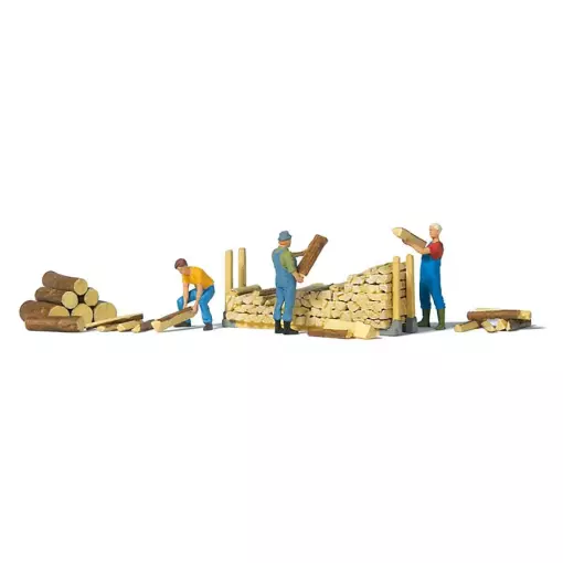 Set von 3 Figuren, die Holz stapeln Preiser 10707 - HO: 1/87