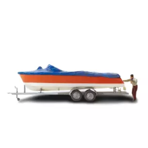 Bateau à moteur chargé sur une remorque - Preiser 33255 - HO 1/87
