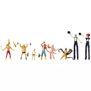 weightlifters, sword swallowers, figures on stilts