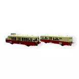 Coffret FNC autorail XBD-5660 avec sa remorque XRBD-9210 livrée rouge/crème toit crème à faces latérales ondulées du dépôt de Toulouse