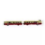 Coffret FNC autorail XBD-5660 avec sa remorque XRBD-9210 livrée rouge/crème toit crème à faces latérales ondulées du dépôt de Toulouse