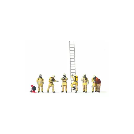 Set 6 pompiers avec respirateur - échelle - borne PREISER 10774 - HO 1/87