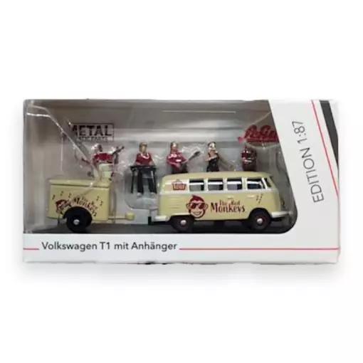 Volkswagen T1 avec remorque The Red Monkeys Schuco 45 266 9100 - HO 1/87 - 5 figurines